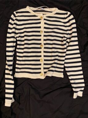 Mango Navy and Cream Striped Button-Front Cardigan